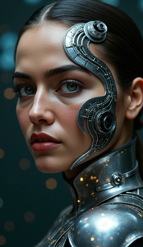 A highly detailed, realistic photo of a cybernetic woman. Her face is a seamless blend of human beauty and advanced technology, with metallic plates and glowing, intricate circuits integrated into her skin. Her eyes are striking that conveys intelligence and mystery. Delicate wires and biomechanical elements weave through her hair, styled sleekly to enhance her futuristic appearance. Her expression is confident and serene, emphasizing her humanity despite her cybernetic enhancements. The background is minimal and dark, with subtle futuristic light patterns, drawing full attention to the intricate details of her face and design. The overall image is hyper-realistic, with fine textures, soft lighting, and a cinematic atmosphere.