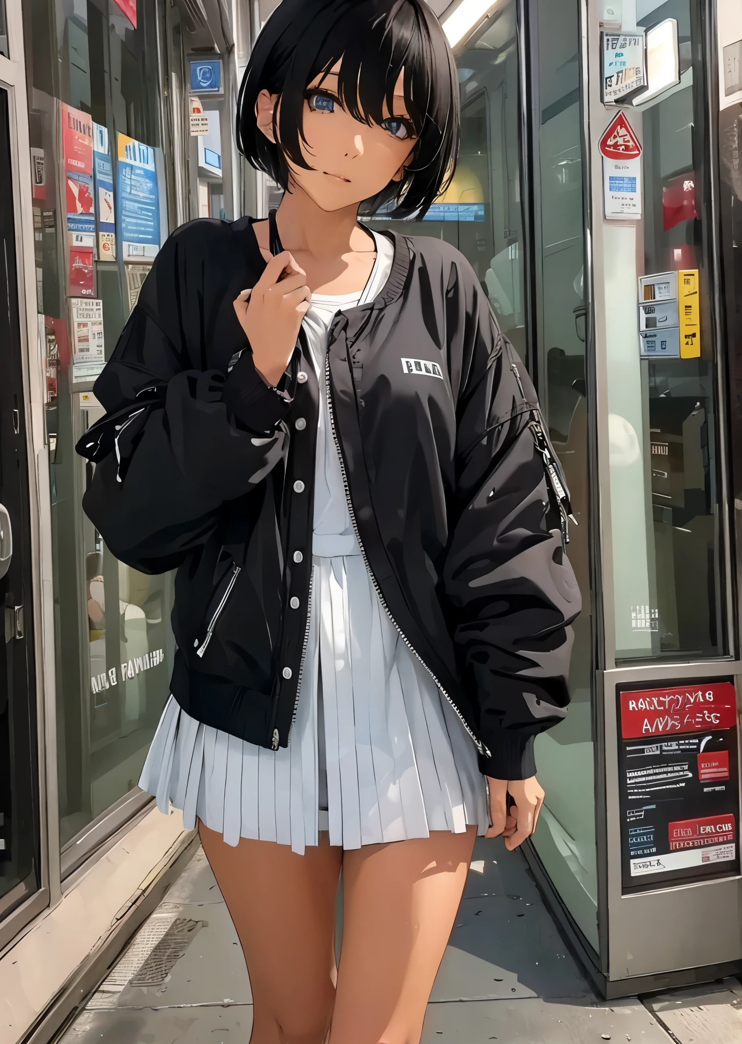  high school girl、  and baby face 、solo、 black hair、 short bob hair、bangs、Huge 、 Casual Street Fashion 、