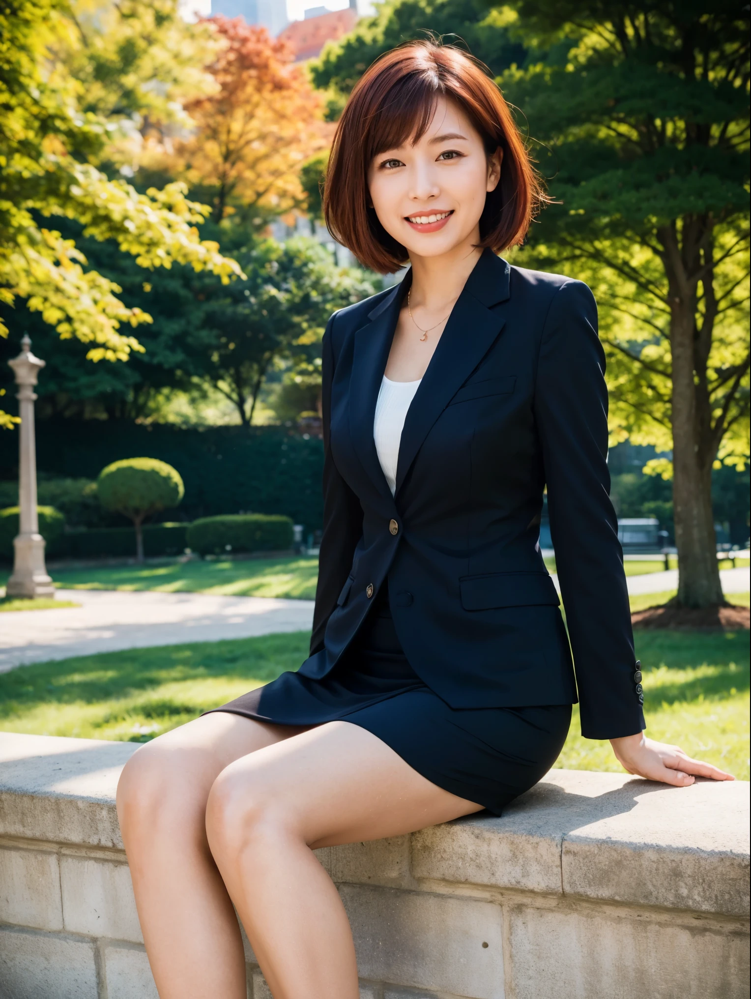 ( RAW photo:1.2), ( realistic :1.4), beautiful detailed woman ,非常にfine grainと顔, fine grain, very detailed with crimson hair, high definition , very detailed with crimson hair, top quality,Awareness-raising,Unified,8k wallpaper,masterpiece, top quality, 1 Woman ,Alone,rich, full body Ezbian ,( Slightly Chubby :0.9),Tone Figure ,, thin waist,Alone,( business suit, miniskirt, high heels),Gemstone Necklace,brown hair,bob cut, Friendly Smiles , Classy Atmosphere ,brown eye, realistic , Central Park , (Morning Park:1.1)