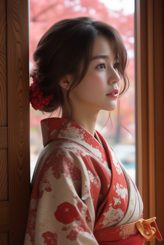 The image is a portrait of a young asian woman wearing a traditional Japanese kimono. She is standing in front of a window with a view of a tree with red leaves in the background. The woman has shoulder-length dark hair styled in loose waves and is looking off to the side with a serious expression on her face. The window is framed by two wooden doors on either side. The overall mood of the image is peaceful and serene.