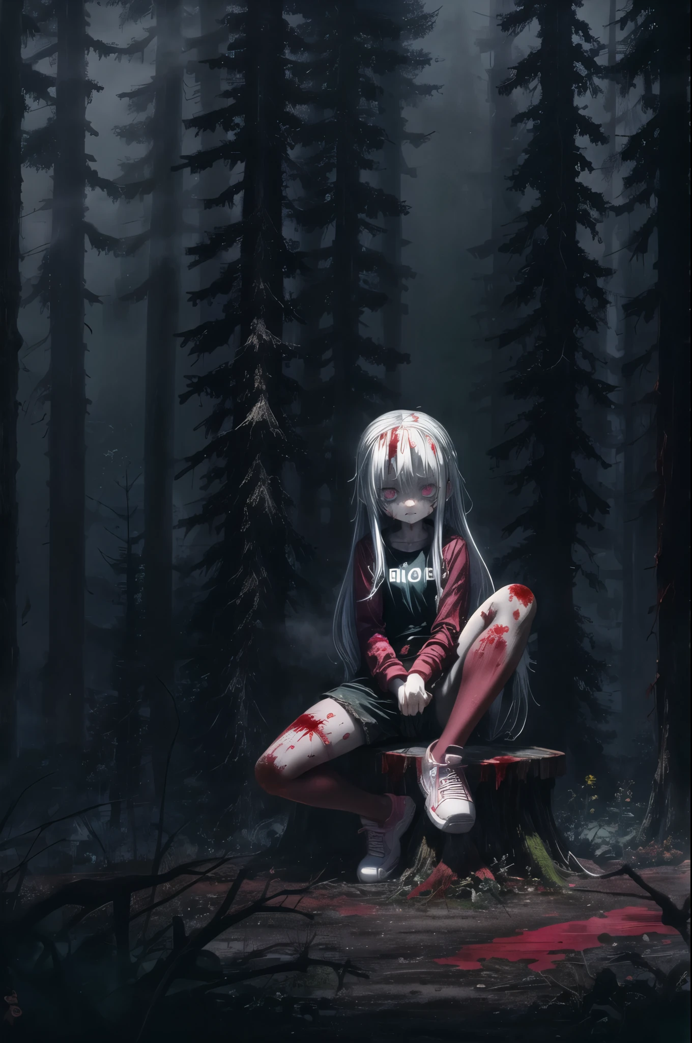 Loli, pale skin, sad face, cry, kneeing pose, very long multicolored hair, knife in hend, mantle, bare feet, dark forest, red flowers, focus on body, rainy weather, blood everywhere 