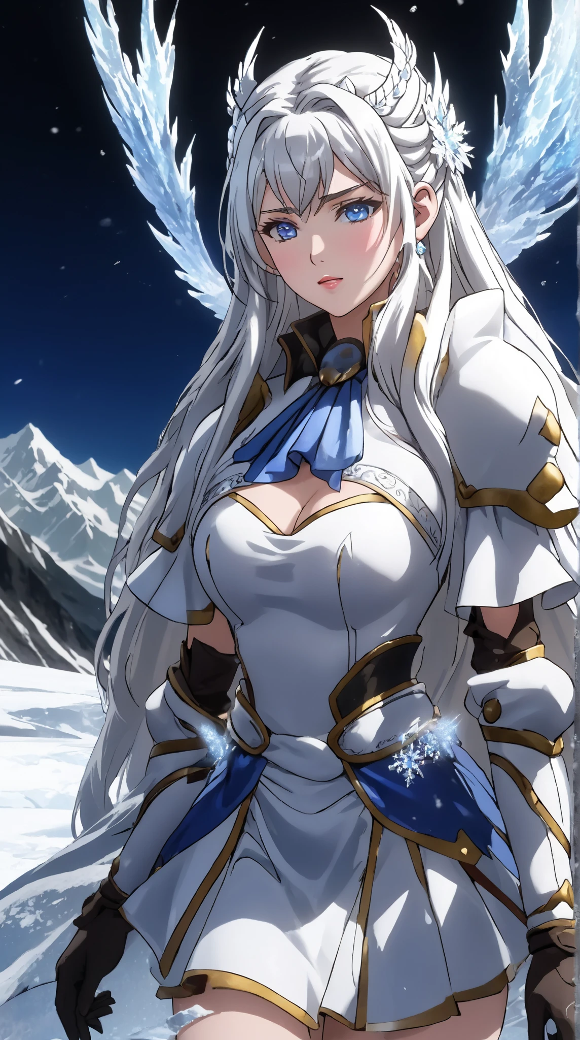 Icefield，Snow， Face Color Snow White ， white eyebrows， Silver Long Hair ， White Head Accessory ，ice crystal earrings， Japanese Snowwoman ， blue eyes，Big breasts，cleavage，Bare shoulders， Textured Skin ,  Ultra HD（1.2）， Wearing Sexy Suit Armor Skirt，Bare waist， high detail,  Very Detailed , 手特Snow，  Shine Effect ,  watching people ，Unreal Engine, 