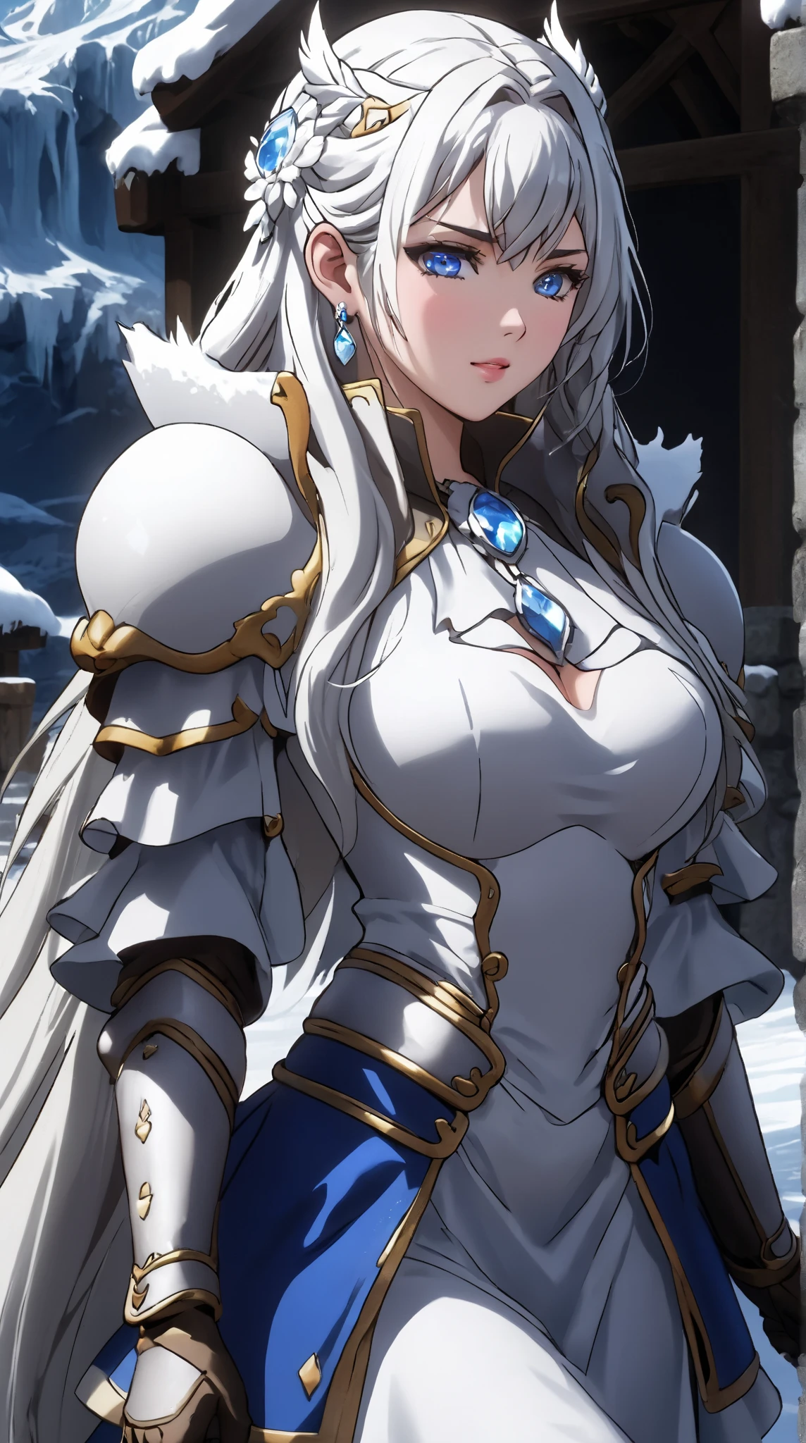 Icefield，Snow， Face Color Snow White ， white eyebrows， Silver Long Hair ， White Head Accessory ，ice crystal earrings， Japanese Snowwoman ， blue eyes，Big breasts，cleavage，Bare shoulders， Textured Skin ,  Ultra HD（1.2）， Wearing Sexy Suit Armor Skirt，Bare waist， high detail,  Very Detailed , 手特Snow，  Shine Effect ,  watching people ，Unreal Engine, 