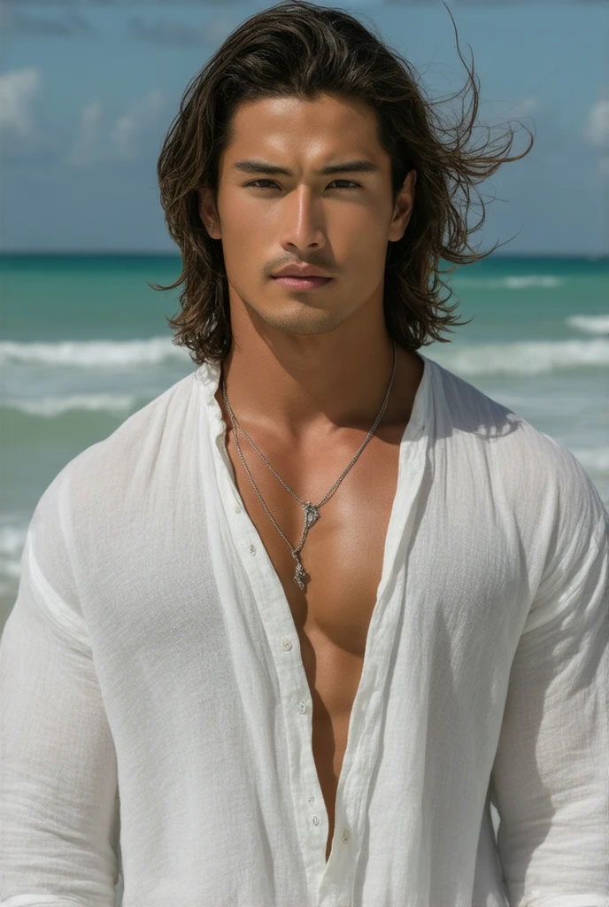 (man), handsome and muscular boy, beach, white swimsuit, (smile), face like Alain Delon when young, (face only), (high detail: 1 1), natural skin, high quality, beautiful eyes, (detailed face and eyes), (face: 1 of 2), noise, real photo, PSD, sharp focus, high resolution 8K, realistic and professional photo, 8K UHD, soft lighting, high quality, film grain, Fujifilm XT3
