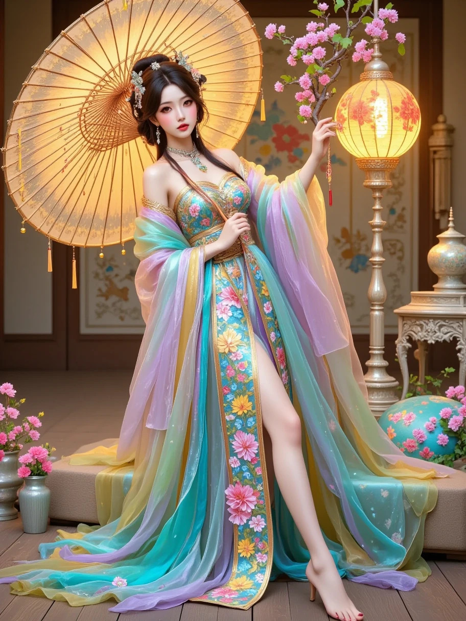 Surrealism full body portrait, stunning delicate and refined Chinese woman stands in a quiet garden, holding a magnificent, exquisitely crafted luxurious fan that covers the lower part of her face, and her eyes are open; the fan has an elegant lattice, unique coloring, interweaving of bright feathers and silk tassels that sparkle in the soft golden light of a traditional Chinese lantern, the majestic beauty of the fan, the refined features of the woman's face, her striking gaze, evoke the unrivaled elegance and mystery of the East.
She is dressed in a luxurious traditional Chinese long gown, intricately embroidered with exquisite floral and bird patterns, vibrant in color and rich in detail, showcasing superb craftsmanship. The cuffs and collar of the gown are adorned with delicate gold thread trim, adding a touch of opulence. Around her waist is a silk sash, embellished with intricate jade ornaments and tassels that sway gently with her movements.
On her feet, she wears a pair of finely embroidered shoes, featuring floral designs that echo the motifs on her gown. The shoes have slightly upturned toes, exuding a classical charm. The color of the shoes harmonizes perfectly with her attire, creating an elegant and cohesive overall appearance.