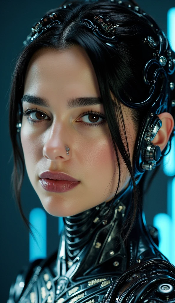 A highly detailed, realistic photo of a cybernetic woman. Her face is a seamless blend of human beauty and advanced technology, with metallic plates and glowing, intricate circuits integrated into her skin. Her eyes are striking that conveys intelligence and mystery. Delicate wires and biomechanical elements weave through her hair, styled sleekly to enhance her futuristic appearance. Her expression is confident and serene, emphasizing her humanity despite her cybernetic enhancements. The background is minimal and dark, with subtle futuristic light patterns, drawing full attention to the intricate details of her face and design. The overall image is hyper-realistic, with fine textures, soft lighting, and a cinematic atmosphere.