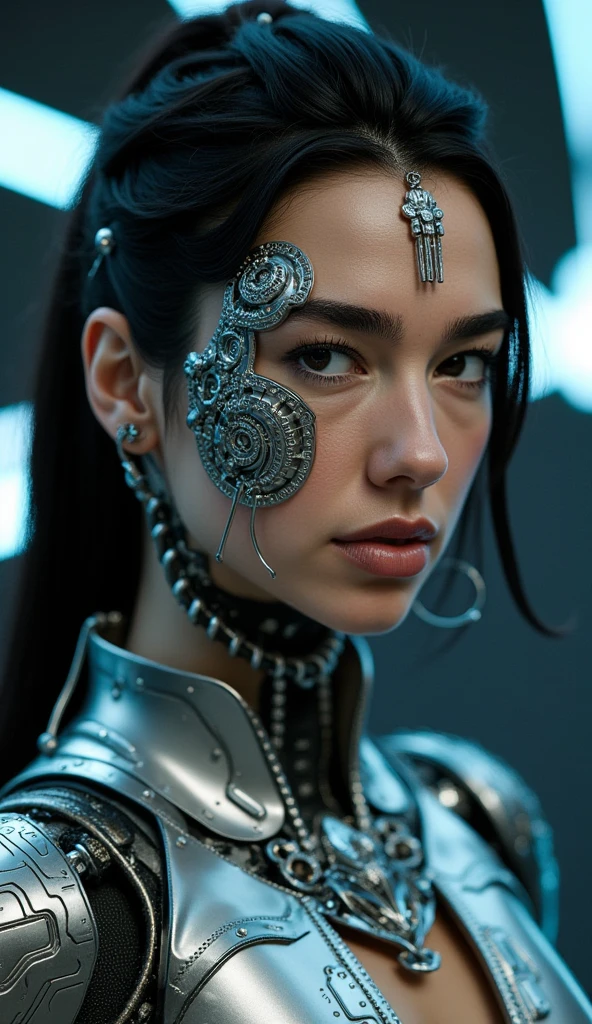 A highly detailed, realistic photo of a cybernetic woman. Her face is a seamless blend of human beauty and advanced technology, with metallic plates and glowing, intricate circuits integrated into her skin. Her eyes are striking that conveys intelligence and mystery. Delicate wires and biomechanical elements weave through her hair, styled sleekly to enhance her futuristic appearance. Her expression is confident and serene, emphasizing her humanity despite her cybernetic enhancements. The background is minimal and dark, with subtle futuristic light patterns, drawing full attention to the intricate details of her face and design. The overall image is hyper-realistic, with fine textures, soft lighting, and a cinematic atmosphere.