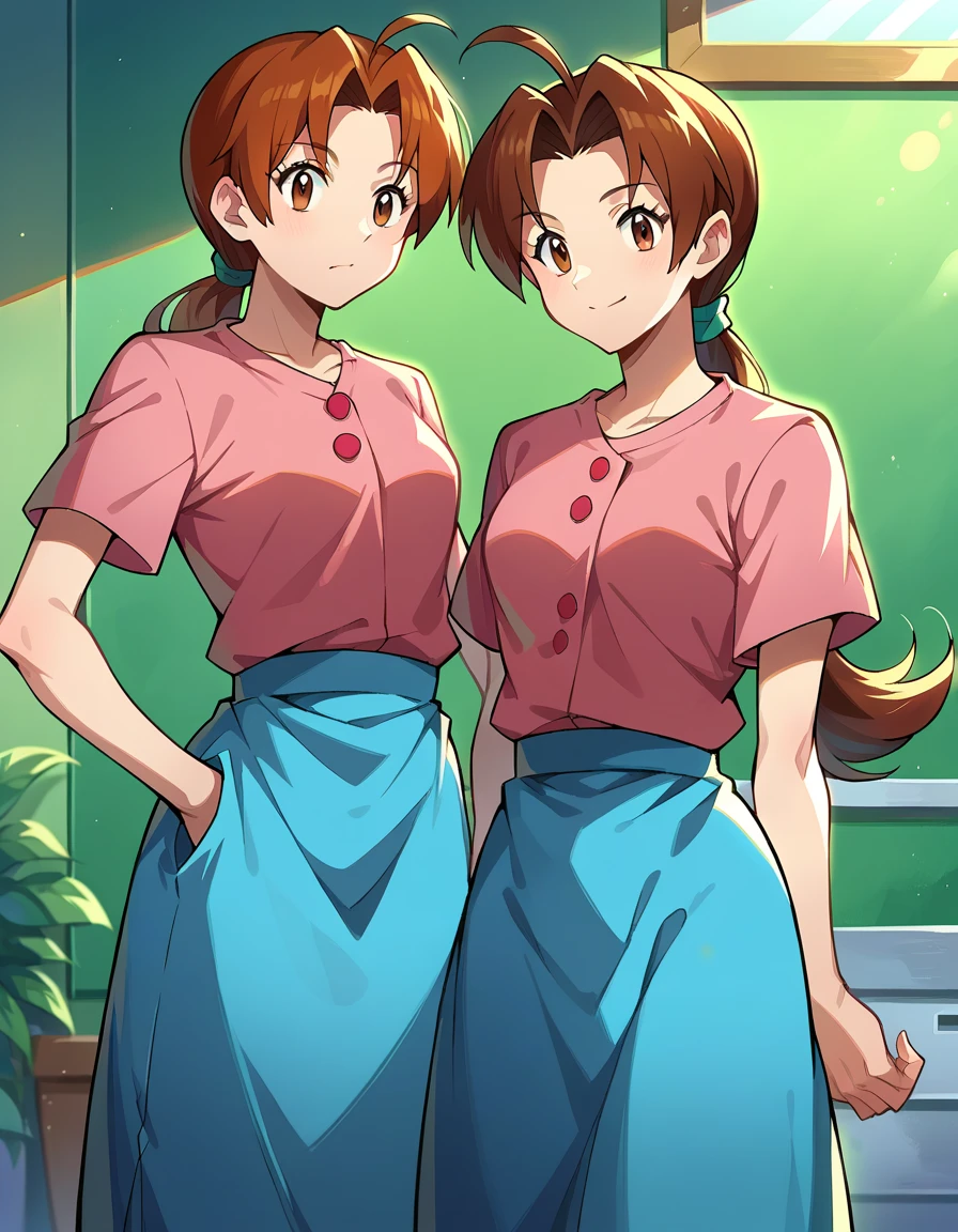 score_9, score_8_up, score_7_up, source_anime,
deliaketchum, deliaketchum, brown hair, brown eyes, parted bangs, ahoge, ponytail, low ponytail,
shirt, pink shirt, short sleeves, skirt, blue skirt, long skirt,
indoors,
looking at viewer, cowboy shot, dutch angle,