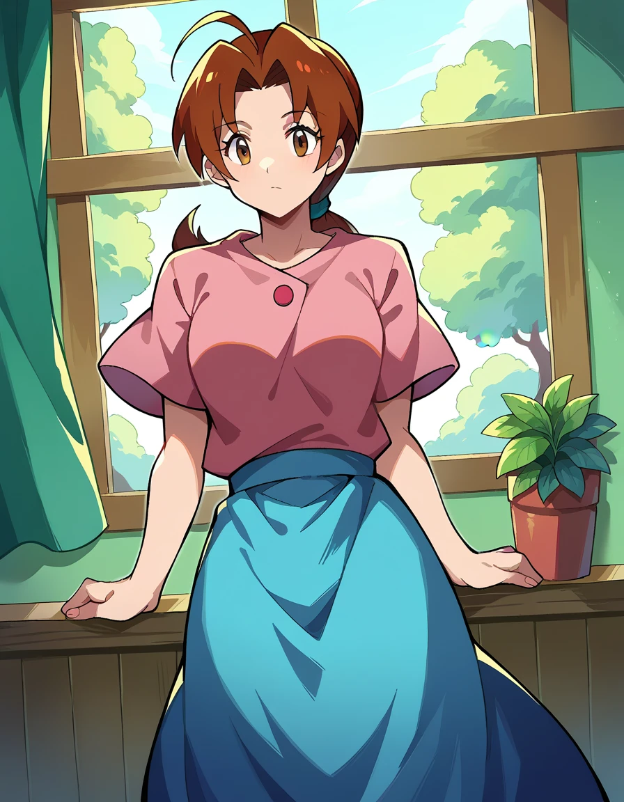 score_9, score_8_up, score_7_up, source_anime,
deliaketchum, deliaketchum, brown hair, brown eyes, parted bangs, ahoge, ponytail, low ponytail,
shirt, pink shirt, short sleeves, skirt, blue skirt, long skirt,
indoors,
looking at viewer, cowboy shot, dutch angle,