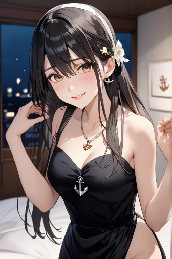 hmharuna, white hairband, hairclip, anchor necklace, jewelry, long hair,straight hair,harunakainiKC、(black evening dress:1.3)、 hair ornament, shoulder out、(sideboob:0.5),half slit,black hair,
BREAK
25 year old woman、slender body、medium breasts , Moist eyes、Gentle eyes、Gentle look,looking at viewer,smile
BREAK
high definition , masterpiece,  anatomically correct ,  very detailed,  High Quality 
BREAK
(bedroom at night:1.3),Dienamic sexy pose,cowboy shot