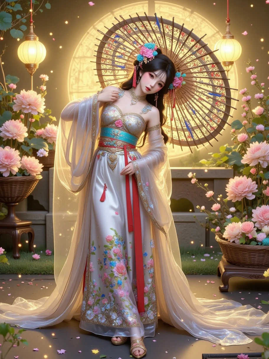 Surrealism full body portrait, stunning delicate and refined Chinese woman stands in a quiet garden, holding a magnificent, exquisitely crafted luxurious fan that covers the lower part of her face, and her eyes are open; the fan has an elegant lattice, unique coloring, interweaving of bright feathers and silk tassels that sparkle in the soft golden light of a traditional Chinese lantern, the majestic beauty of the fan, the refined features of the woman's face, her striking gaze, evoke the unrivaled elegance and mystery of the East.
She is dressed in a luxurious traditional Chinese long gown, intricately embroidered with exquisite floral and bird patterns, vibrant in color and rich in detail, showcasing superb craftsmanship. The cuffs and collar of the gown are adorned with delicate gold thread trim, adding a touch of opulence. Around her waist is a silk sash, embellished with intricate jade ornaments and tassels that sway gently with her movements.
On her feet, she wears a pair of finely embroidered shoes, featuring floral designs that echo the motifs on her gown. The shoes have slightly upturned toes, exuding a classical charm. The color of the shoes harmonizes perfectly with her attire, creating an elegant and cohesive overall appearance.