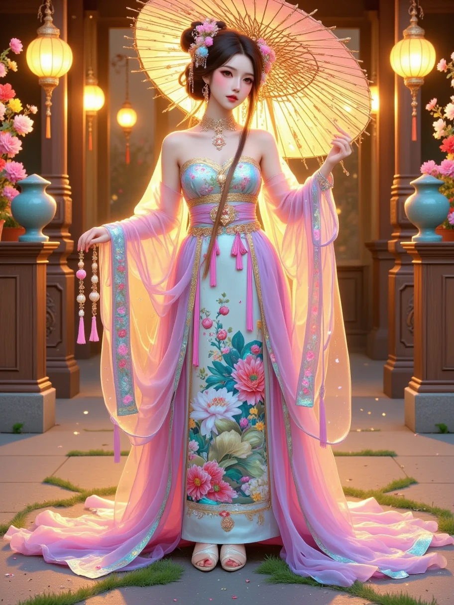 Surrealism full body portrait, stunning delicate and refined Chinese woman stands in a quiet garden, holding a magnificent, exquisitely crafted luxurious fan that covers the lower part of her face, and her eyes are open; the fan has an elegant lattice, unique coloring, interweaving of bright feathers and silk tassels that sparkle in the soft golden light of a traditional Chinese lantern, the majestic beauty of the fan, the refined features of the woman's face, her striking gaze, evoke the unrivaled elegance and mystery of the East.
She is dressed in a luxurious traditional Chinese long gown, intricately embroidered with exquisite floral and bird patterns, vibrant in color and rich in detail, showcasing superb craftsmanship. The cuffs and collar of the gown are adorned with delicate gold thread trim, adding a touch of opulence. Around her waist is a silk sash, embellished with intricate jade ornaments and tassels that sway gently with her movements.
On her feet, she wears a pair of finely embroidered shoes, featuring floral designs that echo the motifs on her gown. The shoes have slightly upturned toes, exuding a classical charm. The color of the shoes harmonizes perfectly with her attire, creating an elegant and cohesive overall appearance.