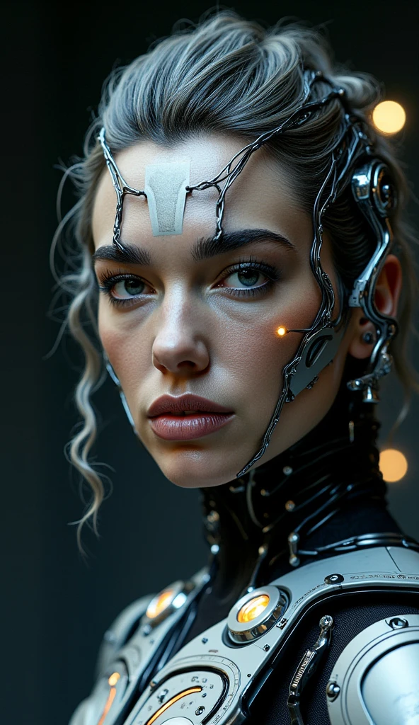 A highly detailed, realistic photo of a cybernetic woman. Her face is a seamless blend of human beauty and advanced technology, with metallic plates and glowing, intricate circuits integrated into her skin. Her eyes are striking that conveys intelligence and mystery. Delicate wires and biomechanical elements weave through her hair, styled sleekly to enhance her futuristic appearance. Her expression is confident and serene, emphasizing her humanity despite her cybernetic enhancements. The background is minimal and dark, with subtle futuristic light patterns, drawing full attention to the intricate details of her face and design. The overall image is hyper-realistic, with fine textures, soft lighting, and a cinematic atmosphere.