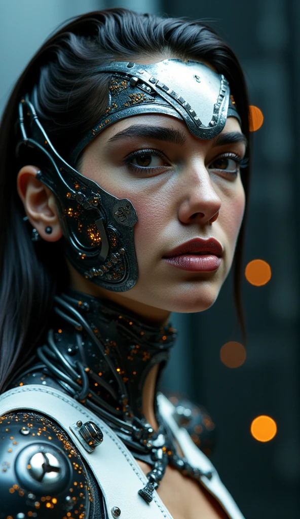 A highly detailed, realistic photo of a cybernetic woman. Her face is a seamless blend of human beauty and advanced technology, with metallic plates and glowing, intricate circuits integrated into her skin. Her eyes are striking that conveys intelligence and mystery. Delicate wires and biomechanical elements weave through her hair, styled sleekly to enhance her futuristic appearance. Her expression is confident and serene, emphasizing her humanity despite her cybernetic enhancements. The background is minimal and dark, with subtle futuristic light patterns, drawing full attention to the intricate details of her face and design. The overall image is hyper-realistic, with fine textures, soft lighting, and a cinematic atmosphere.