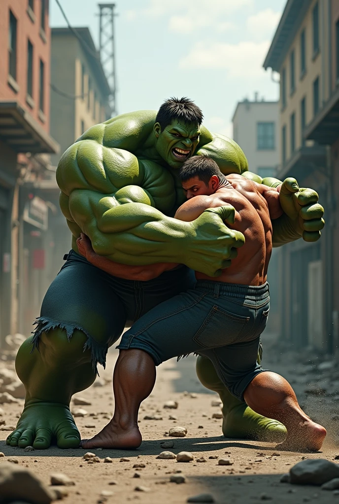 The Incredible Hulk is calming down after beating Loki to a pulp, Incredible hulk viewed from behind, trashed city block