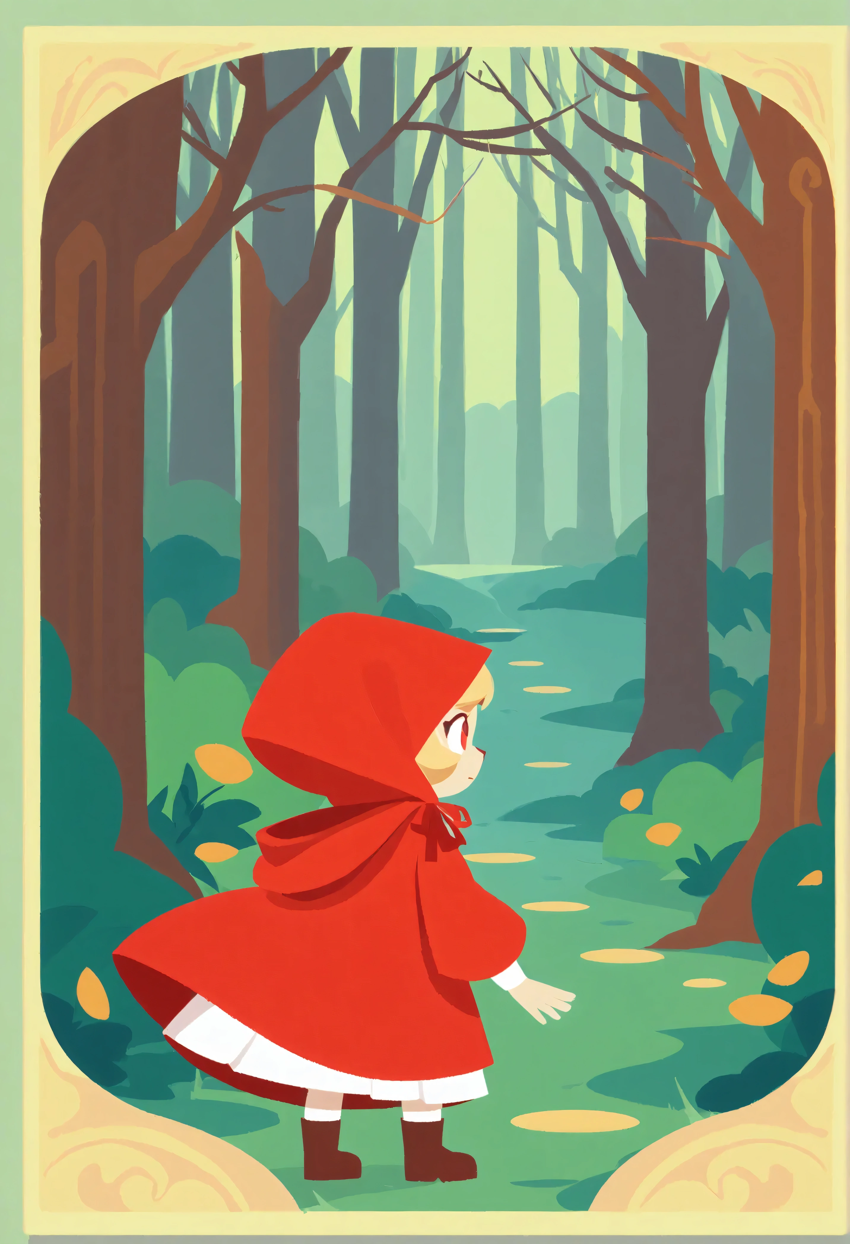 postcard design, story of Little Red Riding Hood, flat Design, anime, vector illustrations, graphic illustration, detailed 2d illustration, flat illustration, digital illustration, digital artwork, lineless, frat color, no lineart,