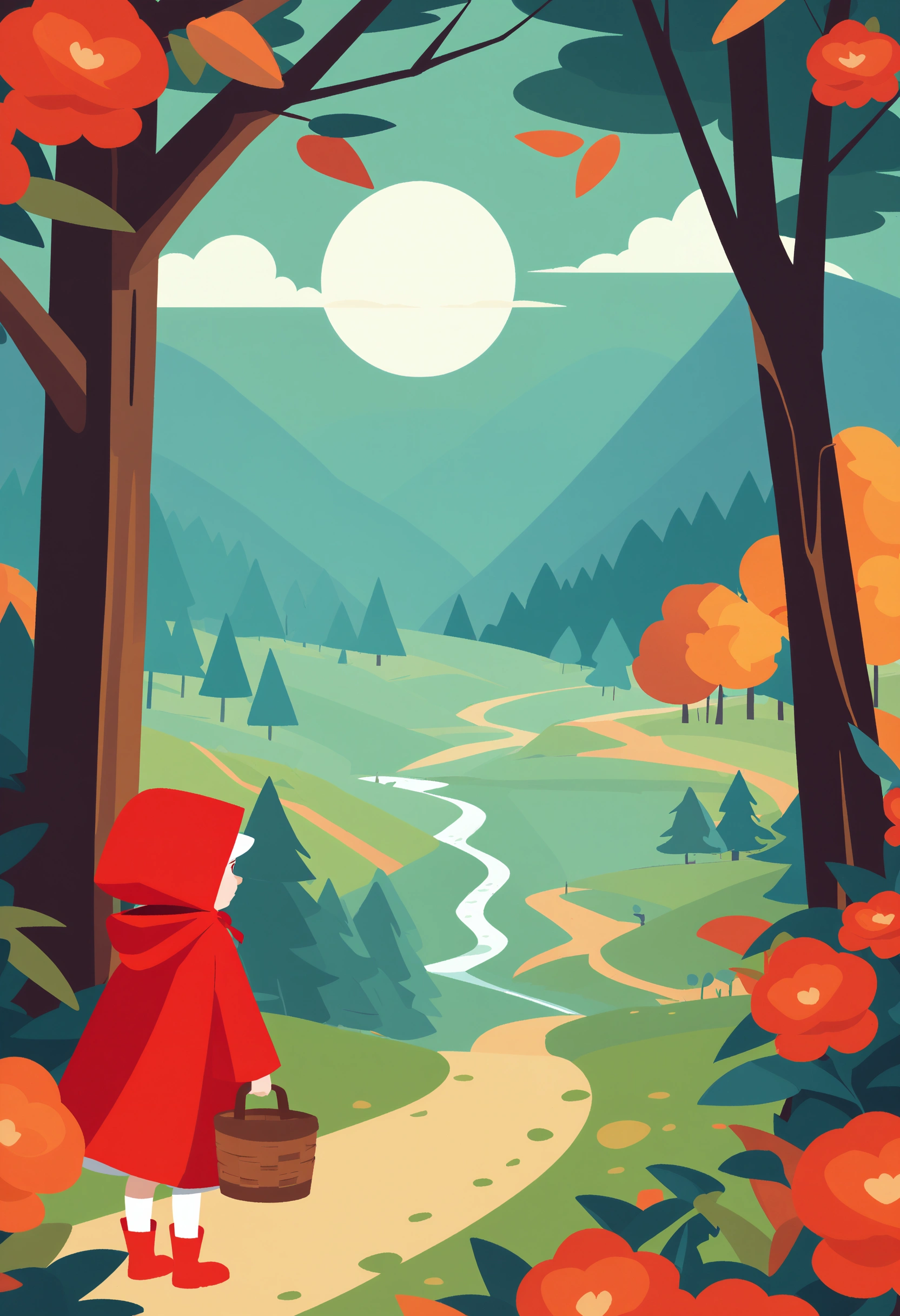 postcard design, story of Little Red Riding Hood, flat Design, anime, vector illustrations, graphic illustration, detailed 2d illustration, flat illustration, digital illustration, digital artwork, lineless, frat color, no lineart,