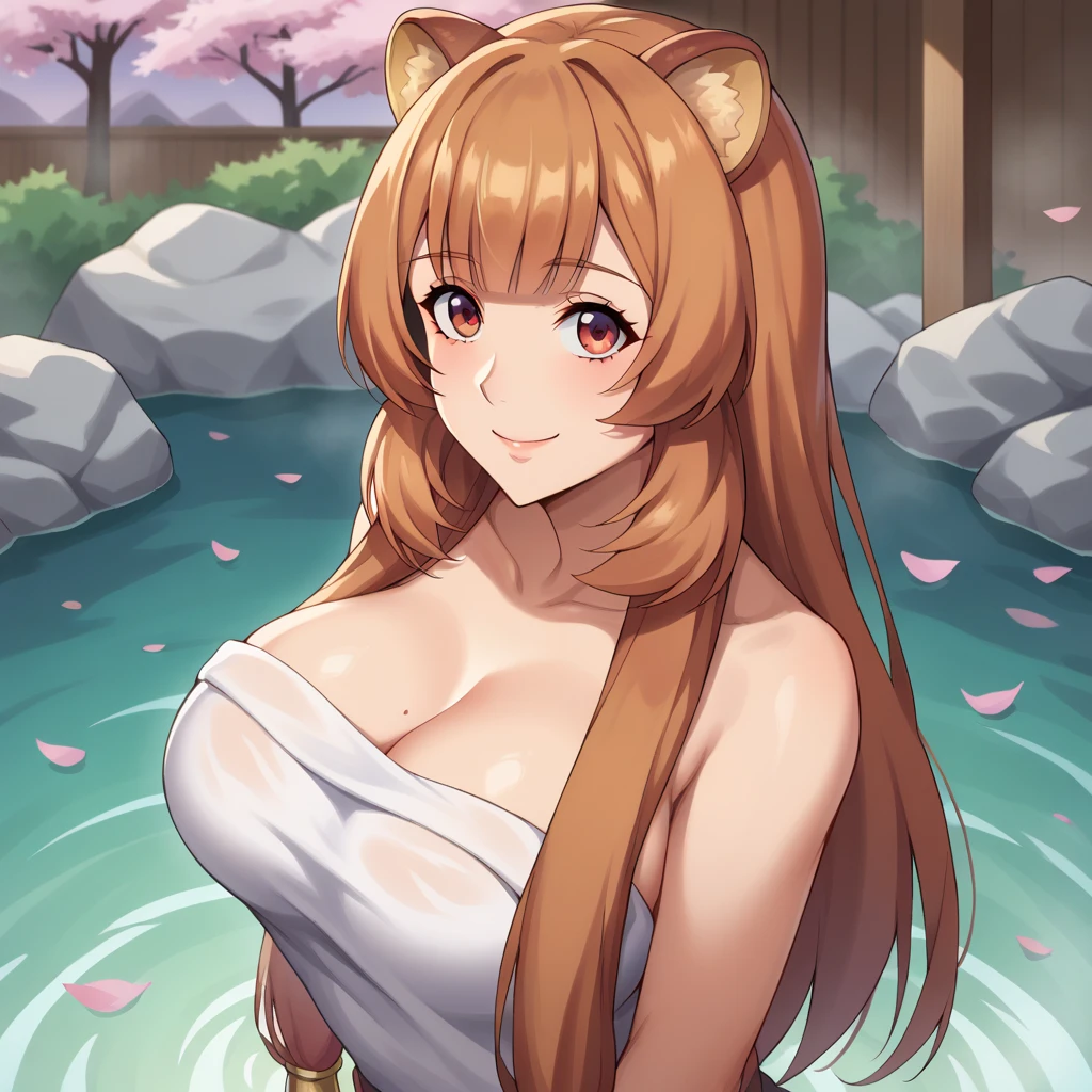  score_9,  score_8_above,  score_7_above, 1 girl, Alone, Hermosa waifu, , high, Sexy woman, (raphtalia, Orange hair red eyes,  animal ears, smile, , big breasts, choke:1.2), Exhausting (white towel:1.1), neckline,  detailed eyes ,  detailed face , flirt, (pose sexy:1.2), standing, in beautiful Kyoto Onsen ,  cherry blossoms , low light, (Evening:1.2),  shallow depth of field
