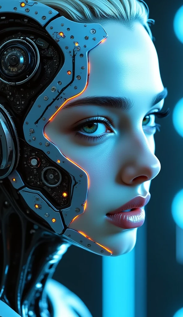 A highly detailed, realistic photo of a cybernetic woman. Her face is a seamless blend of human beauty and advanced technology, with metallic plates and glowing, intricate circuits integrated into her skin. Her eyes are striking that conveys intelligence and mystery. Delicate wires and biomechanical elements weave through her hair, styled sleekly to enhance her futuristic appearance. Her expression is confident and serene, emphasizing her humanity despite her cybernetic enhancements. The background is minimal and dark, with subtle futuristic light patterns, drawing full attention to the intricate details of her face and design. The overall image is hyper-realistic, with fine textures, soft lighting, and a cinematic atmosphere.