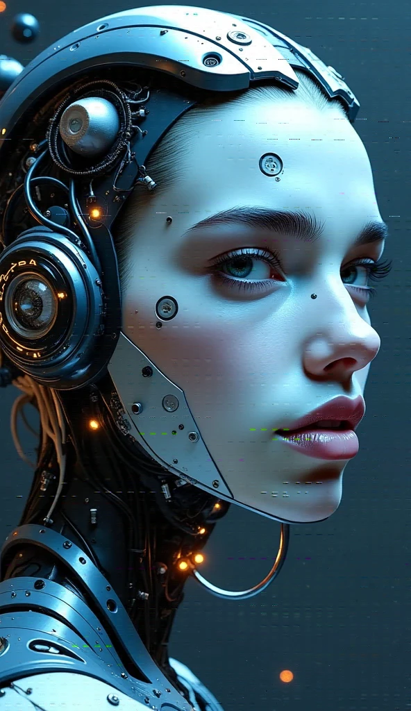 A highly detailed, realistic photo of a cybernetic woman. Her face is a seamless blend of human beauty and advanced technology, with metallic plates and glowing, intricate circuits integrated into her skin. Her eyes are striking that conveys intelligence and mystery. Delicate wires and biomechanical elements weave through her hair, styled sleekly to enhance her futuristic appearance. Her expression is confident and serene, emphasizing her humanity despite her cybernetic enhancements. The background is minimal and dark, with subtle futuristic light patterns, drawing full attention to the intricate details of her face and design. The overall image is hyper-realistic, with fine textures, soft lighting, and a cinematic atmosphere.