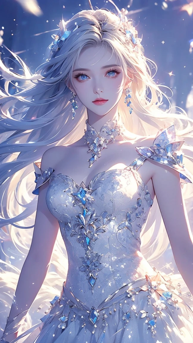 Icefield，Snow， Face Color Snow White ， white eyebrows， Silver Long Hair ， White Head Accessory ，ice crystal earrings， Japanese Snowwoman ， blue eyes，Big breasts，cleavage，Bare shoulders， Textured Skin ,  Ultra HD（1.2）， Wearing Sexy Suit Armor Skirt，Bare waist， high detail,  Very Detailed , 手特Snow，  Shine Effect ,  watching people ，Unreal Engine, 