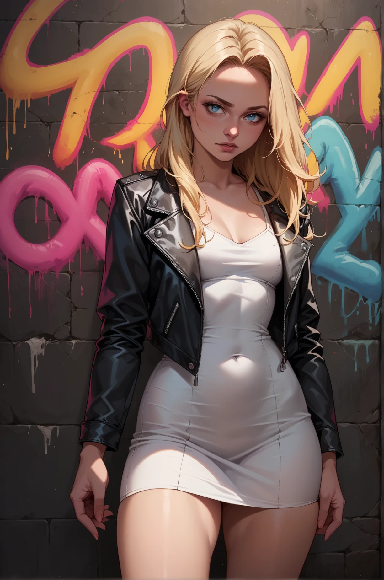 score_9, score_8_up, score_7_up, cartoon of a girl, solo, sexy, slutty, blue eyes, long blonde hair, leather jacket, white sundress, small breast, visible thighs, moody and gritty, neon lighting, neon graffiti, colorful graffiti, pov, from front, black wall background