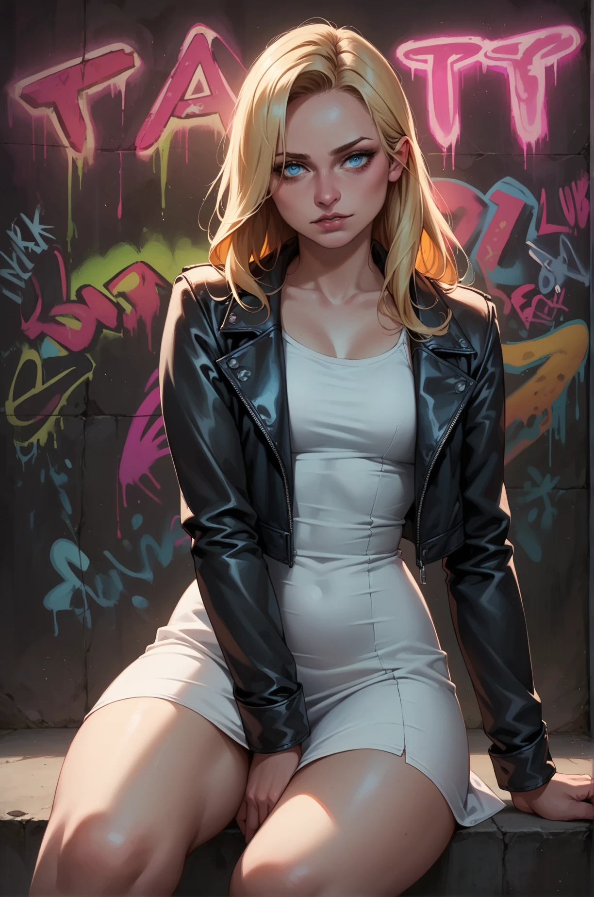 score_9, score_8_up, score_7_up, cartoon of a girl, solo, sexy, slutty, blue eyes, long blonde hair, leather jacket, white sundress, small breast, visible thighs, moody and gritty, neon lighting, neon graffiti, colorful graffiti, pov, from front, black wall background