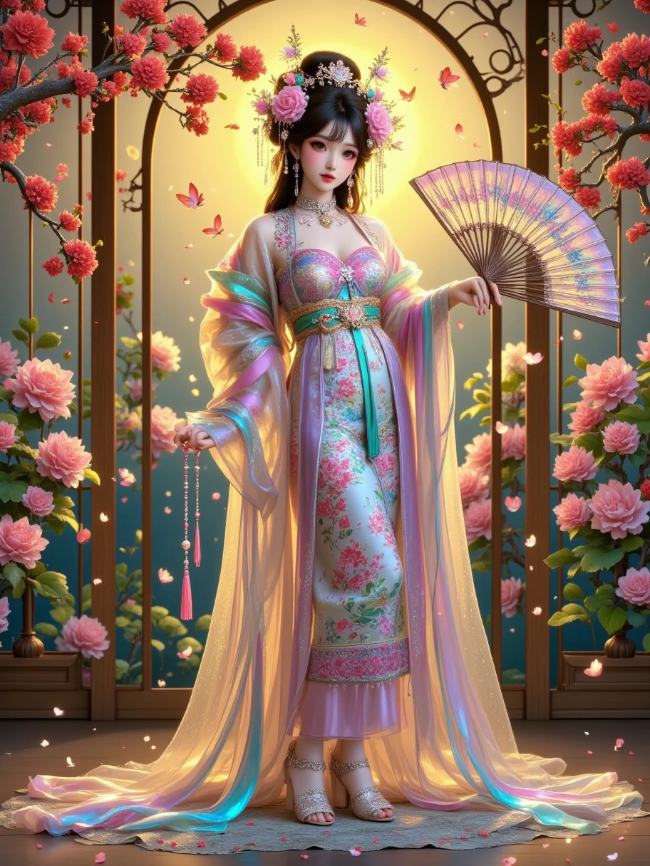 Surrealism full body portrait, stunning delicate and refined Chinese woman stands in a quiet garden, holding a magnificent, exquisitely crafted luxurious fan that covers the lower part of her face, and her eyes are open; the fan has an elegant lattice, unique coloring, interweaving of bright feathers and silk tassels that sparkle in the soft golden light of a traditional Chinese lantern, the majestic beauty of the fan, the refined features of the woman's face, her striking gaze, evoke the unrivaled elegance and mystery of the East.
She is dressed in a luxurious traditional Chinese long gown, intricately embroidered with exquisite floral and bird patterns, vibrant in color and rich in detail, showcasing superb craftsmanship. The cuffs and collar of the gown are adorned with delicate gold thread trim, adding a touch of opulence. Around her waist is a silk sash, embellished with intricate jade ornaments and tassels that sway gently with her movements.
On her feet, she wears a pair of finely embroidered shoes, featuring floral designs that echo the motifs on her gown. The shoes have slightly upturned toes, exuding a classical charm. The color of the shoes harmonizes perfectly with her attire, creating an elegant and cohesive overall appearance.