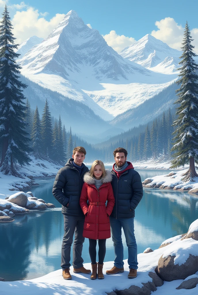 A serene winter landscape featuring a tranquil river surrounded by snow-covered rocks and pine trees. In the background, towering snow-capped mountains rise majestically under a partly cloudy blue sky. The river reflects the sky and mountains, creating a mirror-like effect. In the foreground, three people stand facing the camera: a woman koren beautiful in a red winter coat with a fur-lined hood, flanked by two men Korean handsome wearing dark winter jackets with scarves. They are standing on the snowy riverbank, their expressions calm and content as they look directly at the viewer. The scene captures the beauty of the snowy wilderness with the trio adding a sense of connection and warmth to the serene environment.realistically