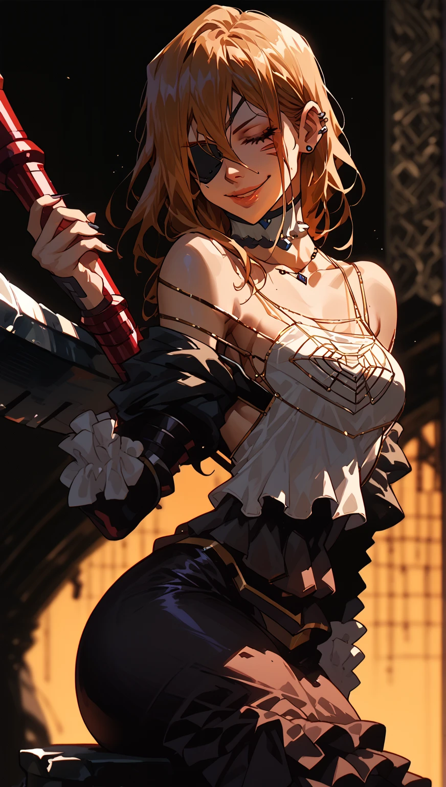 ((solo)), (woman), golden eyes, blonde hair, short hair, wavy hair, messy hair, medium breasts, (mature body), a close up of a person with a spear in a battlefield, detailed key anime art, casimir art, masamune shiro, masamune, beautiful woman in demon slayer art, heise jinyao, shadowverse style, (no logos), fancy clothes, jacket, jeans, eye reflection, depth of field, cinematic lighting, ray tracing, depth of field, cinematic lighting, ray tracing, UHD, high details, best quality, highres, high quality, award winning, super detail, masterpiece, 8k, UHD, high details, best quality, highres, high quality, award winning, super detail, masterpiece, 8k
