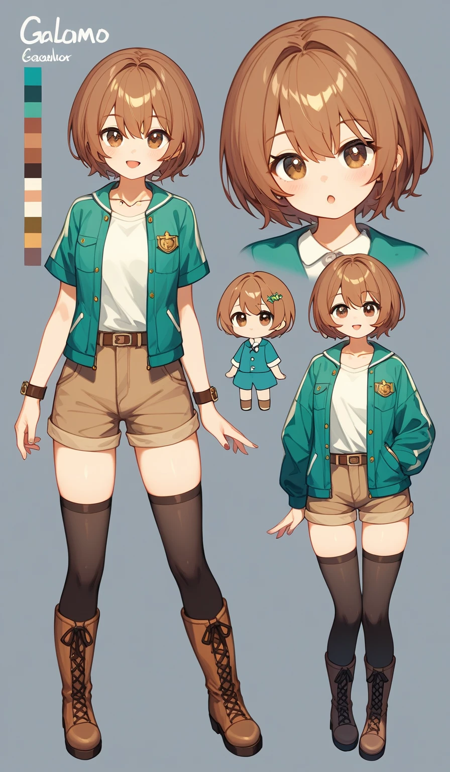 (masterpiece, Best quality best: 1.2), alone、full body、front、Character Sheet、Happy eyes、 50 cm tall、cool、calm、green short sleeve jacket with green 、brown shorts、High quality anime art、Character Sheet、Character Design、brown boots、short hair brown bangs、front、full bodyデザイン、chestnut-like mouth、stockings on arms、Galゲームのデザイン、cute、