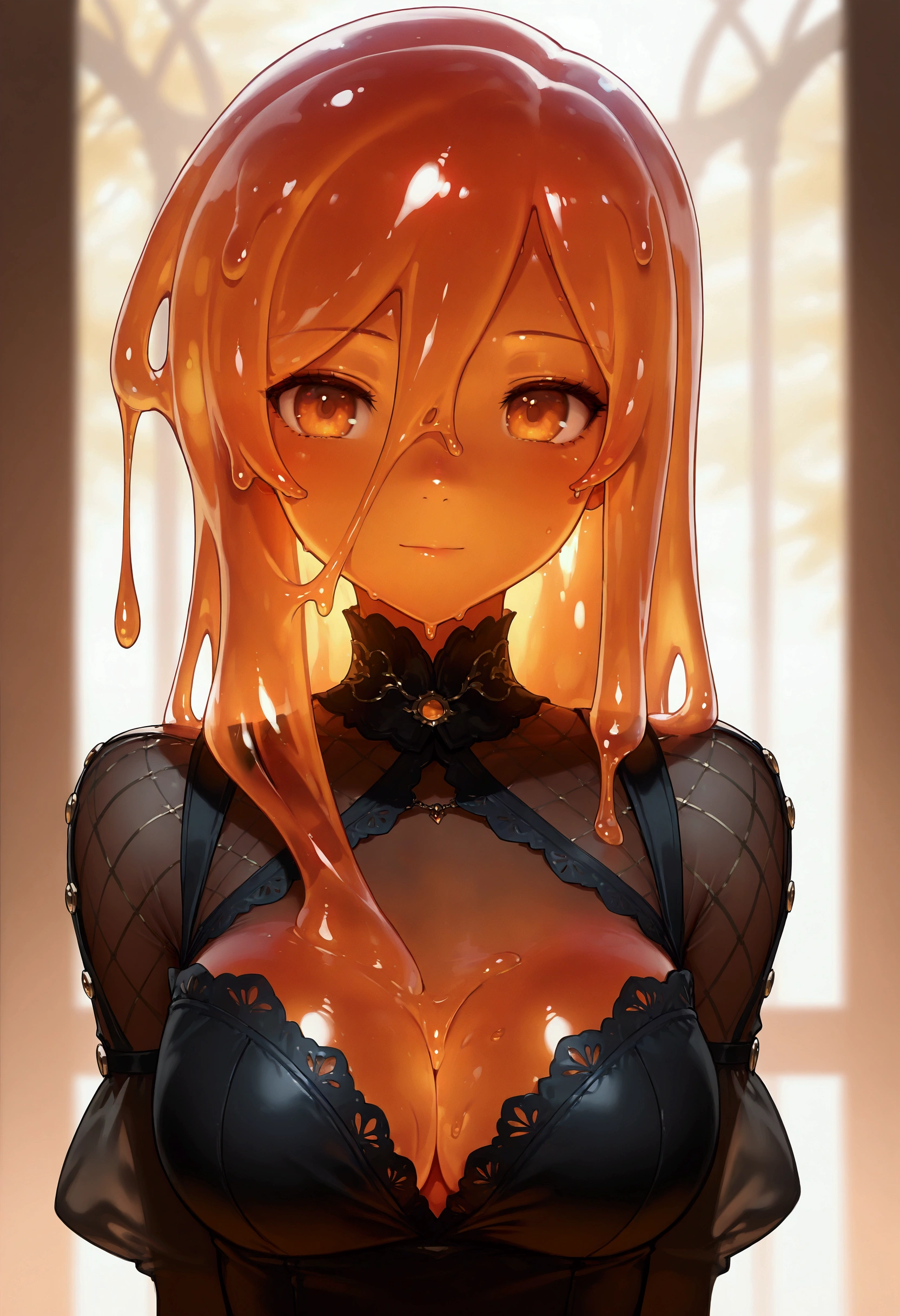 portrait, monster girl, slime girl, slime hair, long hair, hair on breasts, dress, Transparent skin, fantasy, (best quality,4k,8k,highres,masterpiece:1.2),ultra-detailed,intricate details, high fashion, dramatic lighting, warm colors, chiaroscuro