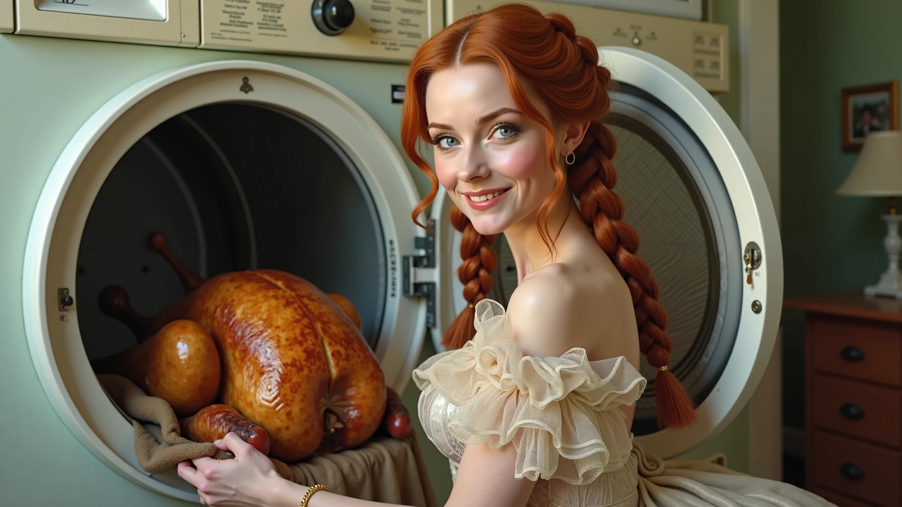 A curvy french-braids auburn-haired aristocrat with bright blue eyes, in a sheer Victorian ball gown and oven mitts, happily removing a holiday turkey from the clothes dryer as she giggles, gazing lovingly at the viewer" Super Detailed, Textured Skin, Photorealistic, IMAX film"