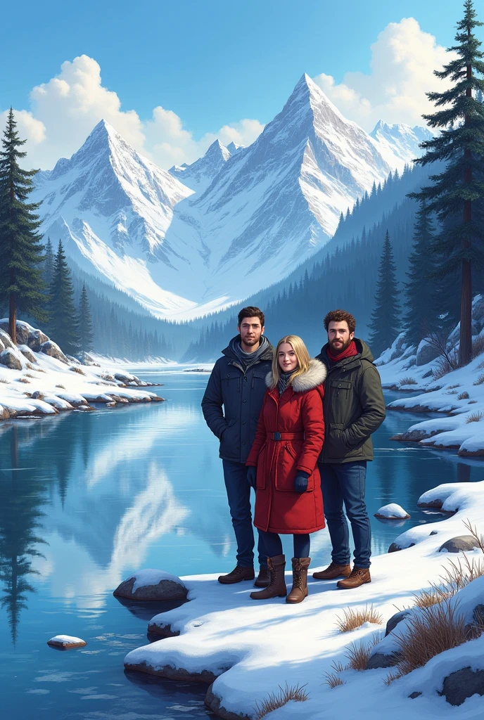 A serene winter landscape featuring a tranquil river surrounded by snow-covered rocks and pine trees. In the background, towering snow-capped mountains rise majestically under a partly cloudy blue sky. The river reflects the sky and mountains, creating a mirror-like effect. In the foreground, three people stand facing the camera: a woman koren beautiful in a red winter coat with a fur-lined hood, flanked by two men Korean handsome wearing dark winter jackets with scarves. They are standing on the snowy riverbank, their expressions calm and content as they look directly at the viewer. The scene captures the beauty of the snowy wilderness with the trio adding a sense of connection and warmth to the serene environment.realistically