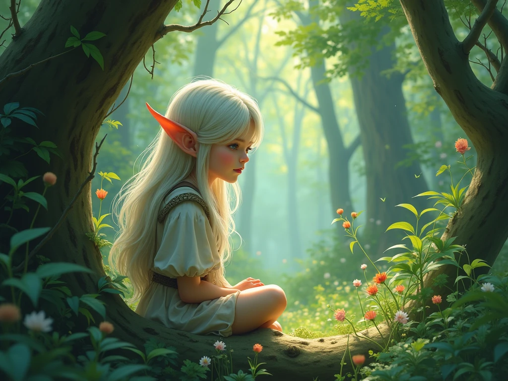 a elf mage apprentice named Elara in the magical forest of the Elfin kingdom, collecting herbs for spells on a bright day, with animals around, detailed face, realistic, fantasy art, high quality, 8k, cinematic lighting, vivid colors, magical atmosphere, intricate details