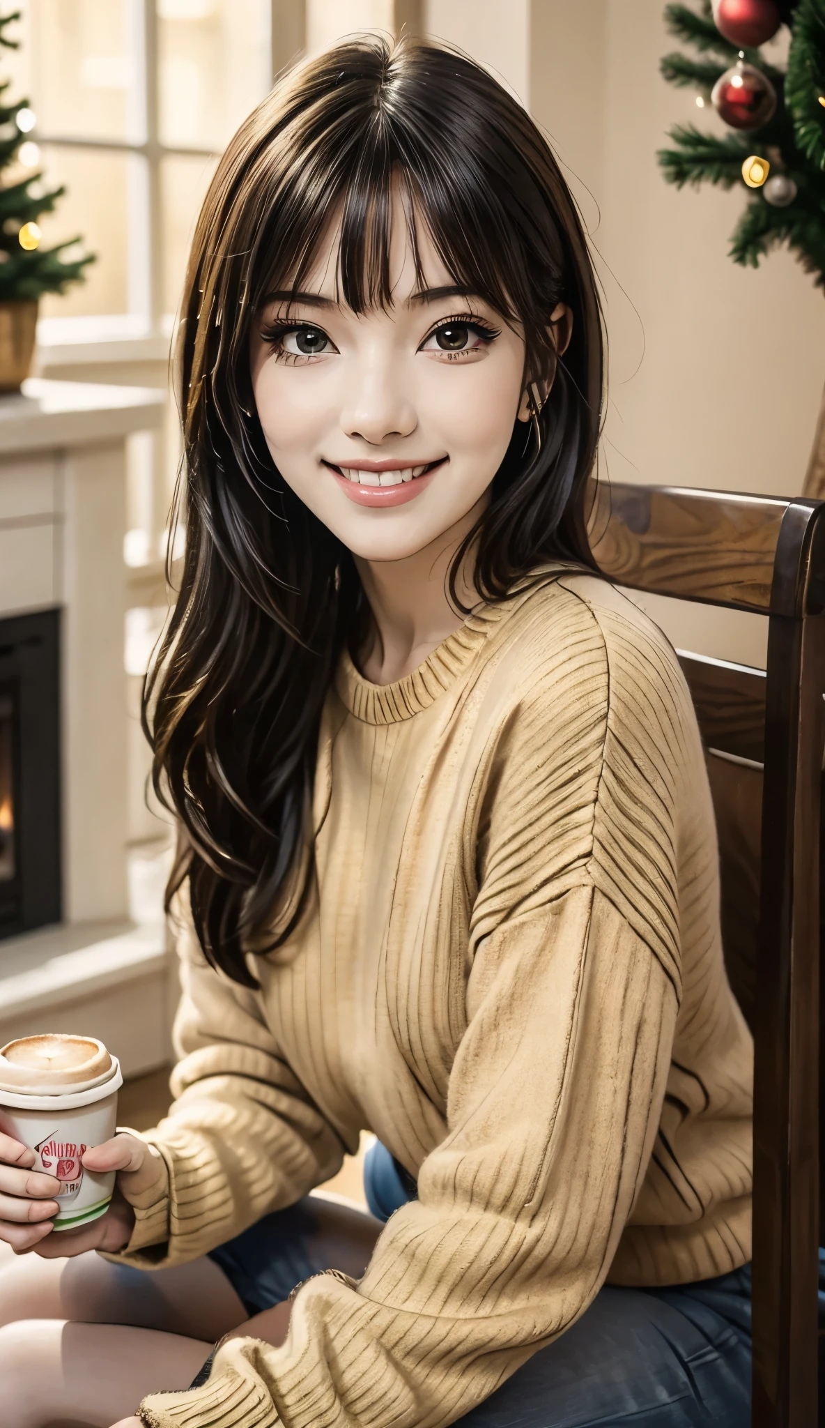 A beautiful woman with beautiful eyes:1.2, detailed eyes, beautiful full lips, highly detailed eyes and faces, long eyelashes, cute expression, smile, sitting:1.4, holding a cup of hot latte, homely background, Christmas sweater, fireplace, warm light, detailed lighting and shadows, anime style, 8k, Hi-Res, masterpiece:1.4, bright colors,