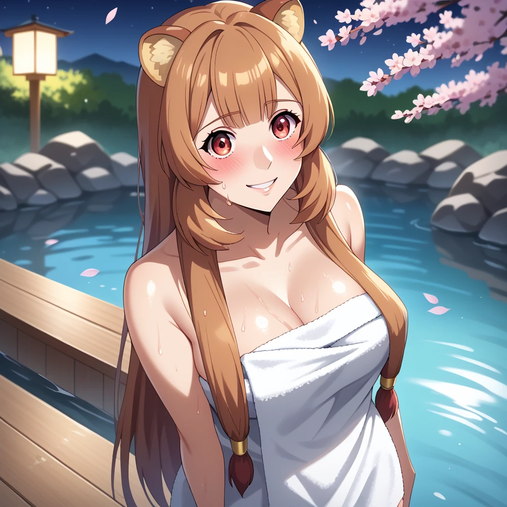  score_9,  score_8_above,  score_7_above, 1 girl, Alone, Hermosa waifu, , high, Sexy woman, (raphtalia, Orange hair red eyes,  animal ears,  embarrassed smile, ,d cup breasts, Wet body I drown :1.2), Exhausting (white towel:1.1), neckline,  detailed eyes ,  detailed face , flirt, (pose sexy:1.2), standing, in beautiful Kyoto Onsen ,  cherry blossoms , low light, (Evening:1.2),  shallow depth of field
