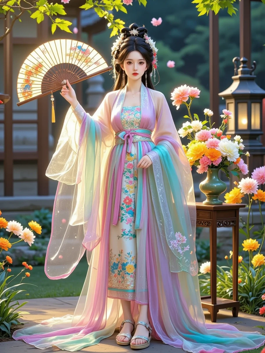 Surrealism full body portrait, stunning delicate and refined Chinese woman stands in a quiet garden, holding a magnificent, exquisitely crafted luxurious fan that covers the lower part of her face, and her eyes are open; the fan has an elegant lattice, unique coloring, interweaving of bright feathers and silk tassels that sparkle in the soft golden light of a traditional Chinese lantern, the majestic beauty of the fan, the refined features of the woman's face, her striking gaze, evoke the unrivaled elegance and mystery of the East.
She is dressed in a luxurious traditional Chinese long gown, intricately embroidered with exquisite floral and bird patterns, vibrant in color and rich in detail, showcasing superb craftsmanship. The cuffs and collar of the gown are adorned with delicate gold thread trim, adding a touch of opulence. Around her waist is a silk sash, embellished with intricate jade ornaments and tassels that sway gently with her movements.
On her feet, she wears a pair of finely embroidered shoes, featuring floral designs that echo the motifs on her gown. The shoes have slightly upturned toes, exuding a classical charm. The color of the shoes harmonizes perfectly with her attire, creating an elegant and cohesive overall appearance.