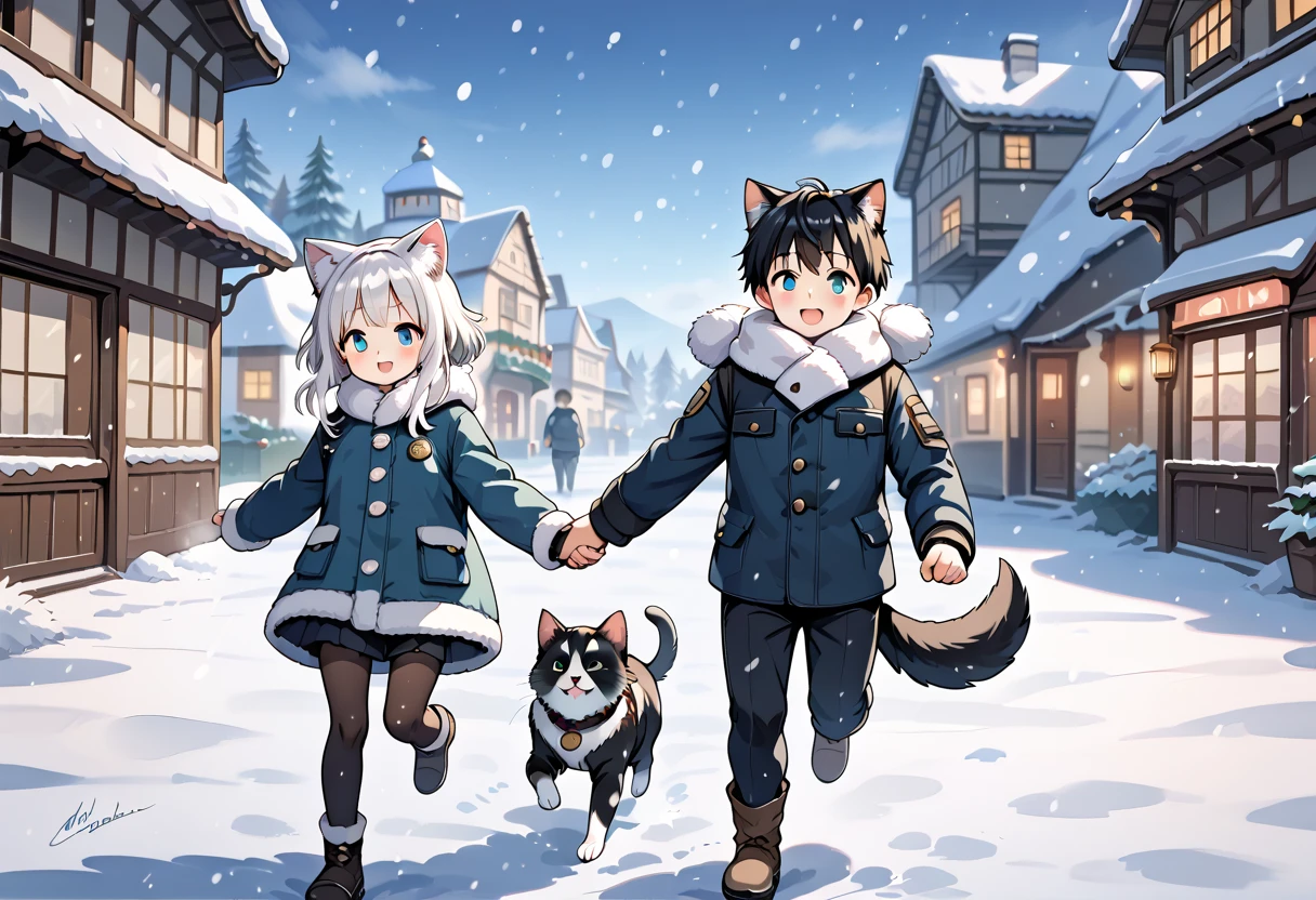 Masterpiece,Best quality, cute Anime style, a boy and a girl,short, very young, boy with dog ears, black hair, black dog tail, white fur scarf, winter clothes, girl with cat ears, white hair, white cat tail, black Muffler, winter clothes, boy holding girl's hand, The two are running on the snow, boy in front, outdoors, snowy scene, snowing,