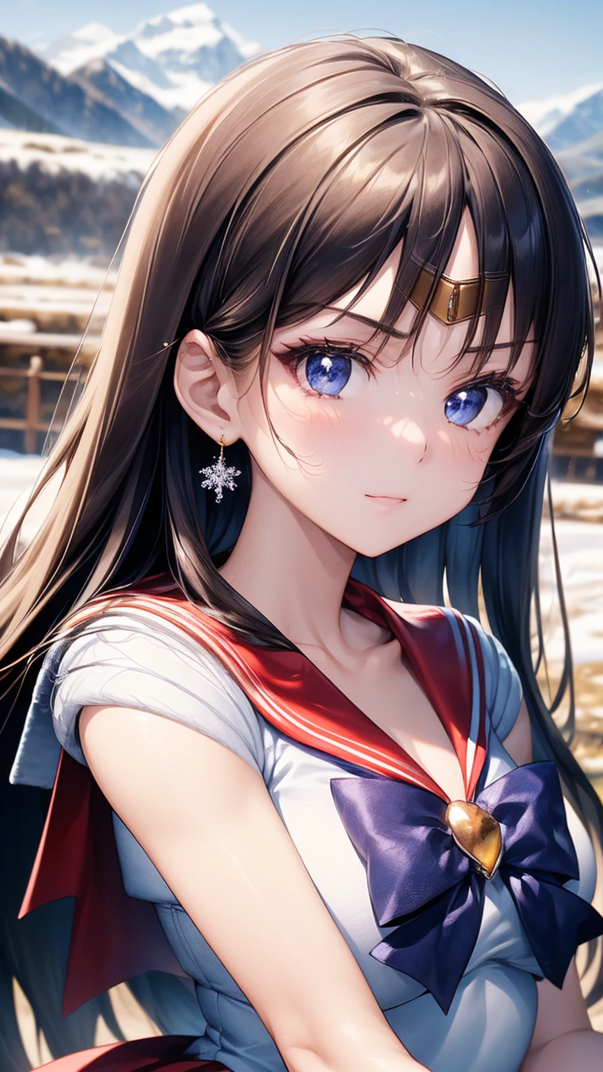 (masterpiece:1.2)、最 High Quality 、 high definition 、unified 8k wallpaper、( illustrations:0.8)、( beautiful detail :1.2、 beautiful details :1.2)、 Full Photo、 very detailed CG、(perfect hand、 Perfect Anatomy)、

 sailor sensi uniform 、 shiny hair 、 shiny skin、
 mature woman、Married Woman、 cute, beautiful, and charming woman {x} with a soft, gentle appearance and gentle motherly vibe、


mars_a、 tiara 、 jewelry、 earrings、 black hair、 straight long hair 、Big Bust、 white elbow gloves 、Red Skirt、 beautiful detailed face 、Knee Boots、Red Choker、 red sailor color 、
(((Depict the whole body 、 high definition 、 anatomically correct、 best quality)))
Get on both knees
((Outdoor、 snowy mountains、Snowfield、Cheeks are a little red:1.5)))  ONE GIRL、solo、 high definition 、 anatomically correct、最 High Quality 、masterpiece、最 High Quality 、 Ultra High Definition、 High Quality 、非常に詳細で High Quality 、