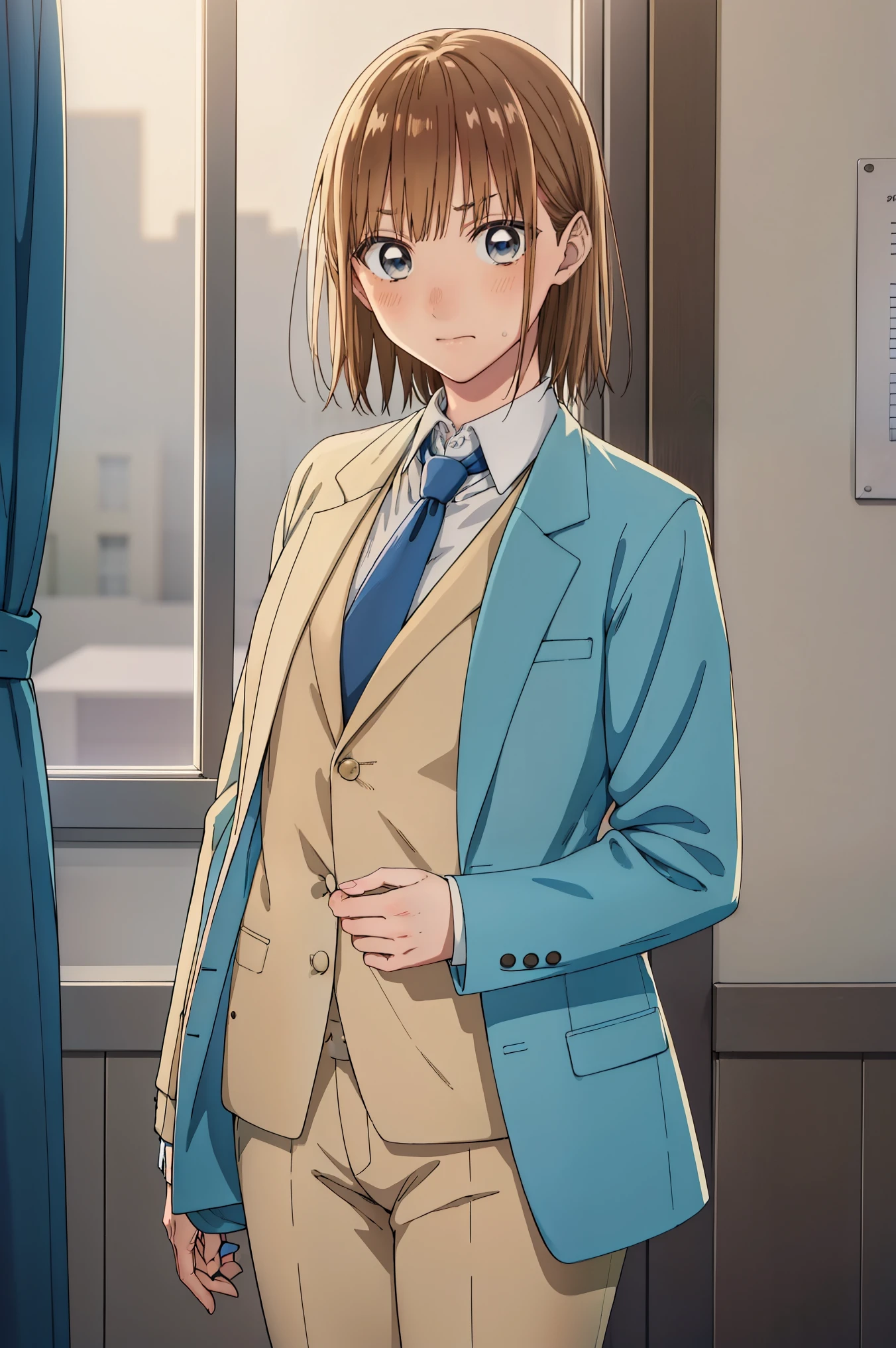 sauce_anime, ambient light,, 1tall girl,
1girl ,, medium hair,  beige hair, , bangs, brown eyes,, ((wince, frown)), perfect eyes , Perfect face, expressive eyes, 
woman in formal attractive suit tuxedo tailcoat standing , 1girl, solo, necktie, brown hair, blue eyes, medium hair, smile, jacket, looking at viewer, shirt, pants, blue necktie, collared shirt, white pants, white shirt, indoors, bangs, long sleeves, closed mouth, window, black jacket, blush, cowboy shot, formal, suit medium breast,　　