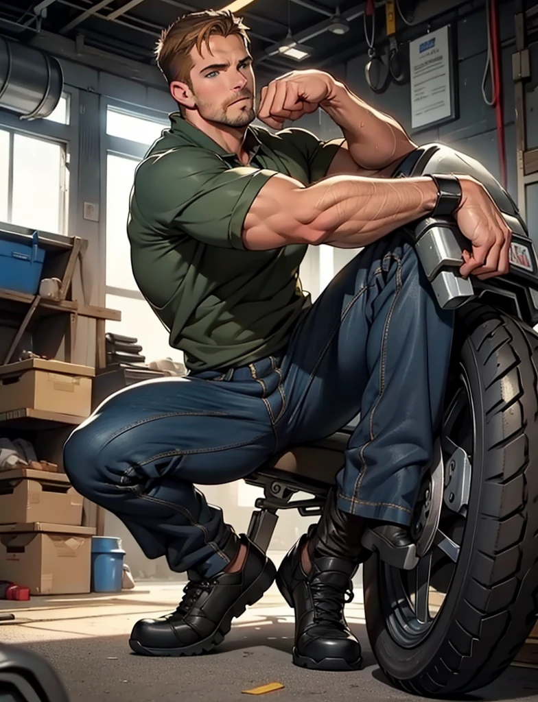 masterpiece, best quality face, natural eyes,mature man, muscled and mature, stephen amell as a mechanic  man, sweating, full body