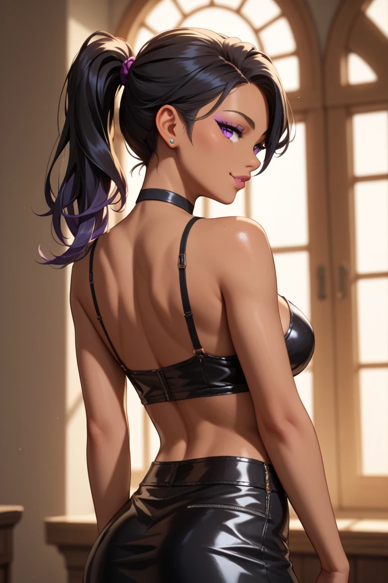 image of a 5'9ft tall woman, with dark black hair tied in a updo, pale skin and golden yellow eyes. wearing a silk violet tank top with a bra underneath her tank top, black pants and black heels. she has an athletic voluptuous body and has a small breast size. she has purple lipstick, purple painted fingernails. she has a seductive smile