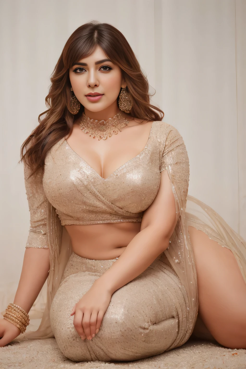 Create a portrait of a bold and confident Hansika motwani with a curvy figure, in Selvia Women's Round Neck Shrug perfect curvy model, curvy figure, beautiful face, details eyes, details face, no extra hand or legs, different angle, proper picture, beautiful face, details eyes, perfect figure, in marriage