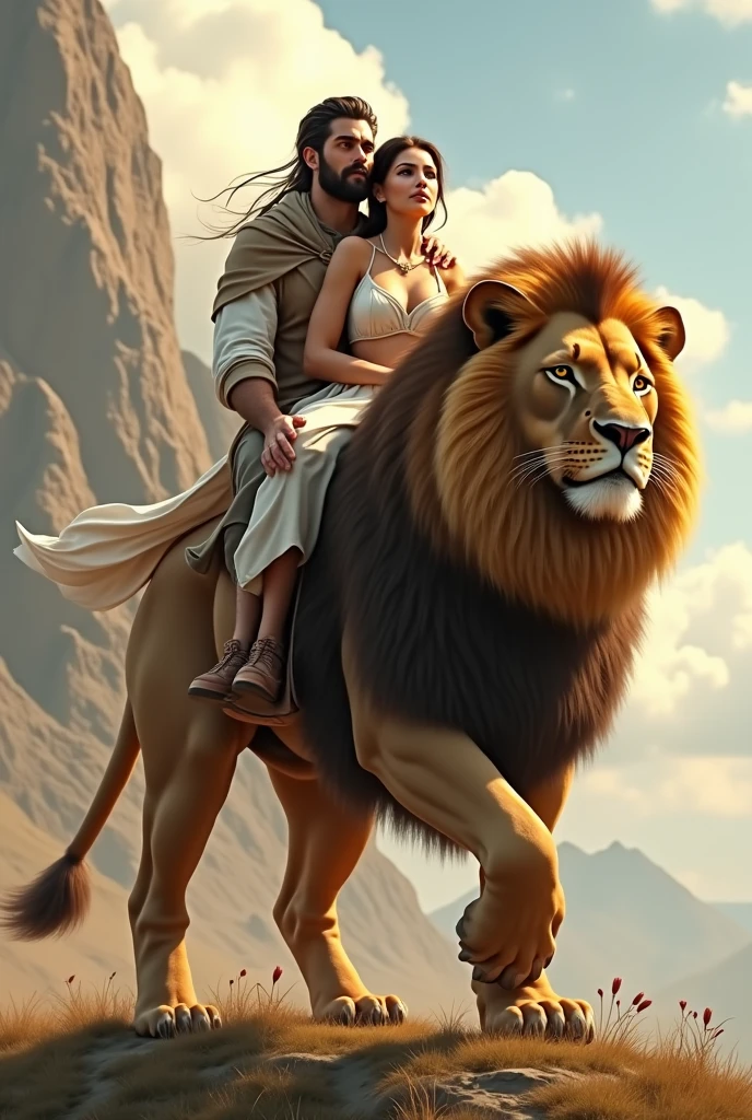 A white girl with long light brown hair wearing a blue cap with the words "M" blank, sentada no colo de um homblank e músculoso com chapéu de cowboy, the man is riding a lion with very large bangs and is on a skateboard