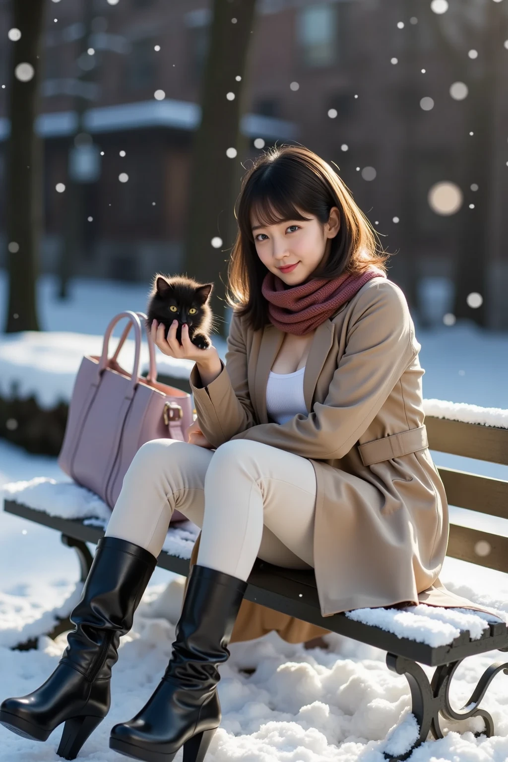  super real ,  photorealistic,  she looks so happy , shadow, Global Illumination, Alone, ( 20 year old Japanese girl:1.5), So beautiful、 Very Cute But Cool Face Like a Boy , (very  Big Breasts),  surimi waist , ( is dressed as an office worker in ivory pants and a beige trench coat:1.2),  elegant black short boots ,  her light brown hair down ,  has a reddish brown scarf wrapped around her hair ,  she is carrying a light purple tote bag on her shoulder , ( Big Breasts),  Snow Night in the Park ,   The snow is falling steadily  , She is sitting, She is holding a black kitten next to the bench ,  The kitten is lightly covered with snow , The kitten is watching her , ( showing a kind smile ),  Professional Light