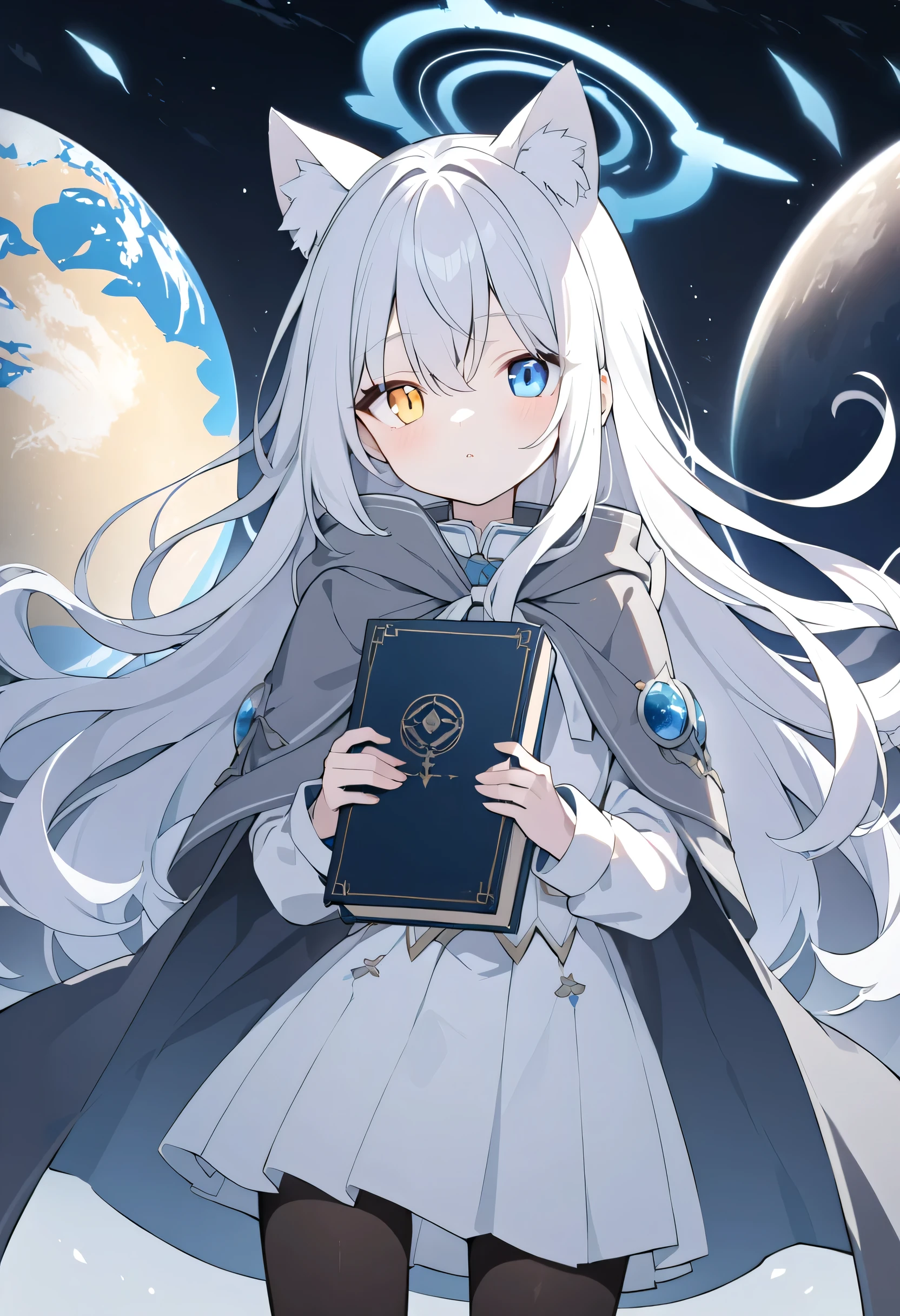 white hair , long hair,Cat ears, heterochromia(Left blue right yellow),Female face, has a bright spot in the eye,女性的手,Little white hands ,Normal fingers,Flat chest, alone , blue halo, Aerial Islands, in the dark,Gray cloak, white pantyhose , Hold the book with both hands , longing eyes,Aerial,facing the moon,White skirt,Model of a , larger planet on the observatory