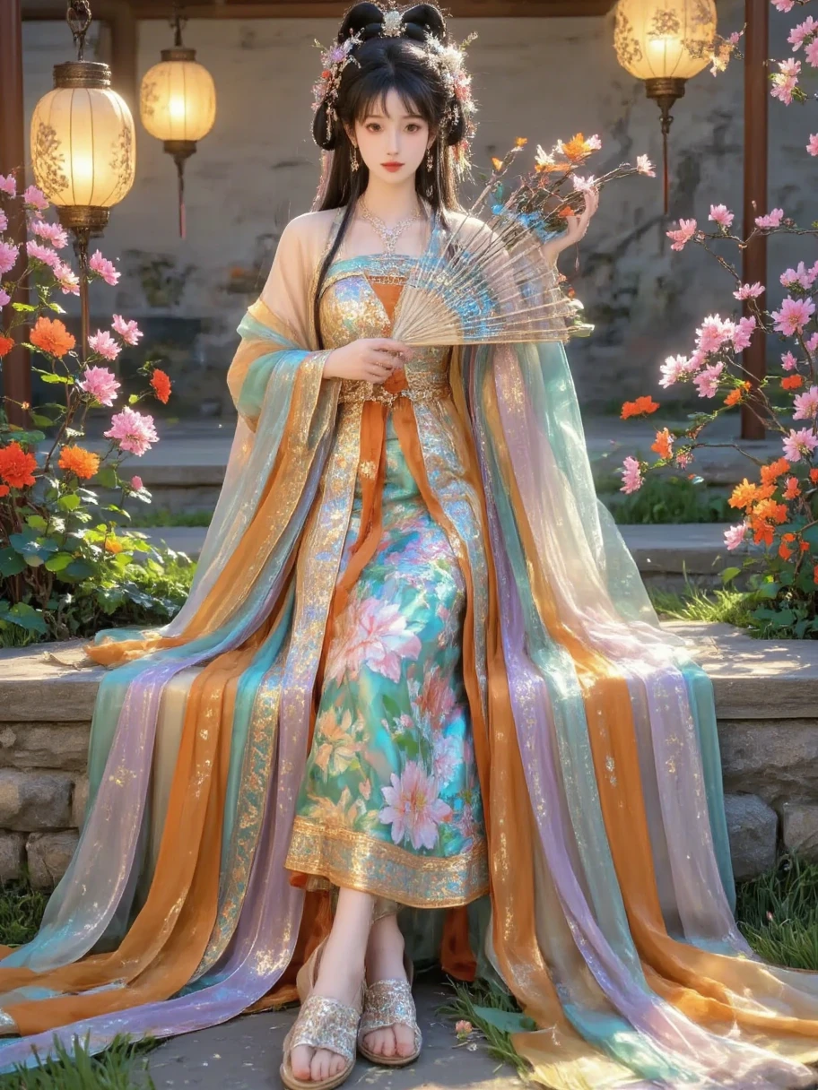 Surrealism full body portrait, stunning delicate and refined Chinese woman stands in a quiet garden, holding a magnificent, exquisitely crafted luxurious fan that covers the lower part of her face, and her eyes are open; the fan has an elegant lattice, unique coloring, interweaving of bright feathers and silk tassels that sparkle in the soft golden light of a traditional Chinese lantern, the majestic beauty of the fan, the refined features of the woman's face, her striking gaze, evoke the unrivaled elegance and mystery of the East.
She is dressed in a luxurious traditional Chinese long gown, intricately embroidered with exquisite floral and bird patterns, vibrant in color and rich in detail, showcasing superb craftsmanship. The cuffs and collar of the gown are adorned with delicate gold thread trim, adding a touch of opulence. Around her waist is a silk sash, embellished with intricate jade ornaments and tassels that sway gently with her movements.
On her feet, she wears a pair of finely embroidered shoes, featuring floral designs that echo the motifs on her gown. The shoes have slightly upturned toes, exuding a classical charm. The color of the shoes harmonizes perfectly with her attire, creating an elegant and cohesive overall appearance.