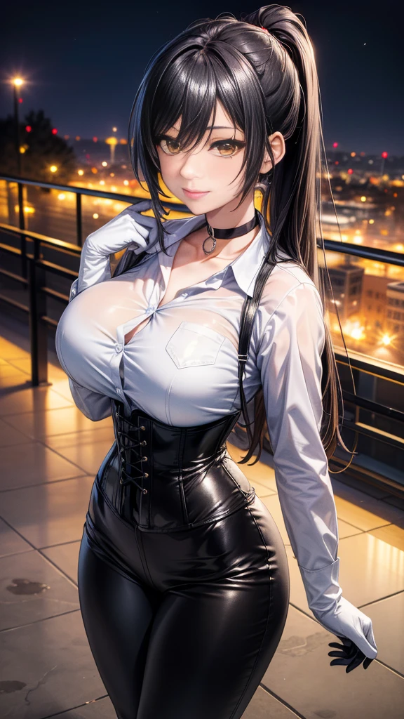 (Yaedef :1.4), 8K, highres,  ultra detailed , ( Masterpiece:1.4),  Best Quality , Sakuya Shirase, symmetrical body, beautiful, Alone, standing,  dynamic pose ,  seen from above,  looking at the spectator , Tender smile, long ponytail black hair,  detailed face ,  beautiful eyes, amber yellow eyes,  choker :1.6, ( white collar shirt :1.4),  long black gloves , (black leather corset, ( shiny black leggings), parque  at night, angled view,  perfect breasts ,  big breasts, badass anime girl , bright clothes,  at night