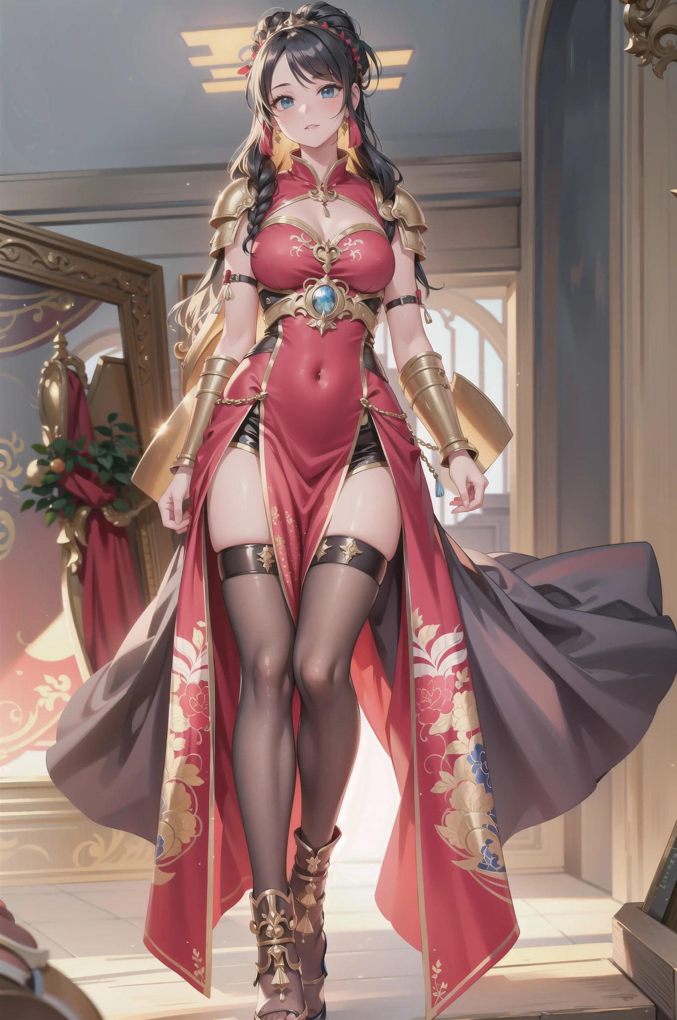 full body picture Unreal Engine 5 8K UHD of beautiful female, red Vietnamese dress, goddess, red heels, long black hair gold accessories, lovely face, beautiful make up, best quality, masterpiece, curvy body.